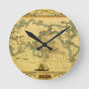 Gammal antik World Map Rund Klocka
