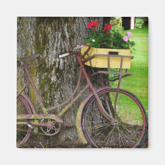 Gammal antikisk cykel med blomma Basket Magnet
