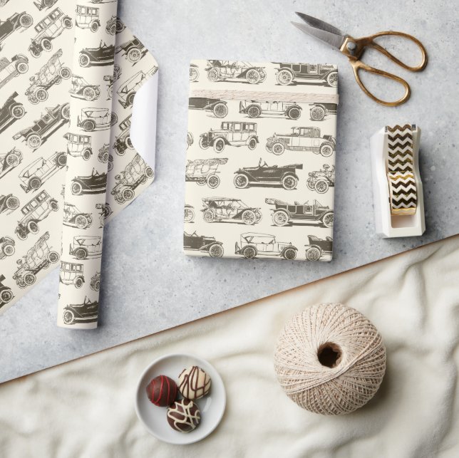 Gammal Beige Guld Vintage bil Mönster Presentpapper (Hantverk)