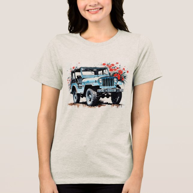Gammal Blå 4x4 Terrängbil Med Blommor T Shirt (Framsida)