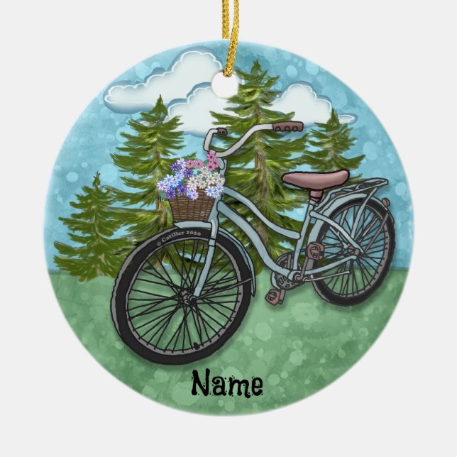 Gammal Blå Cykel Julgransprydnad Keramik (Framsidan)