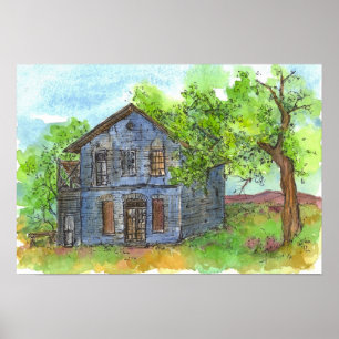 Gammal Blue House Pen och Bläck Teckning Watercolo Poster