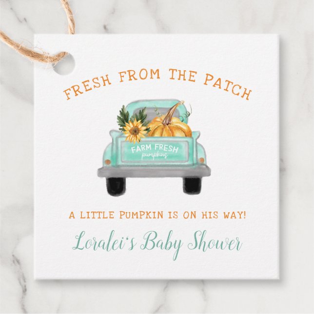 Gammal bondgård Lastbil med Pumpkin Fall Baby Show Gåvor Etiketter (Framsida)