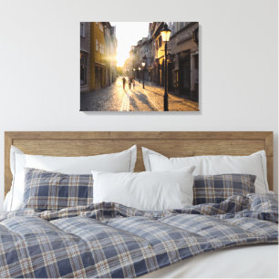 Gammal Byggnad Cobblestone Streets Street Lamp Canvastryck