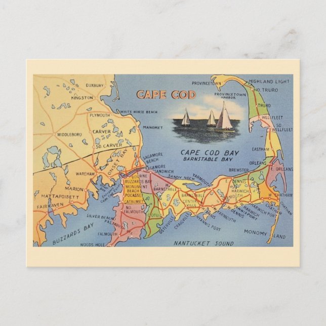 Gammal Cape Cod Massachusetts Karta Vykort (Framsida)