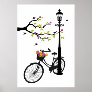 Gammal cykel med lampa, blomma, basket, fåglar, tr poster