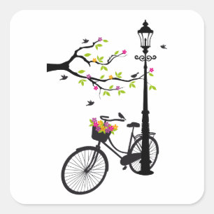 Gammal cykel med lampan, blommabasket, fåglar, fyrkantigt klistermärke