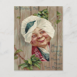 Gammal Dam Smile Shamrock Fence Bonnet Vykort