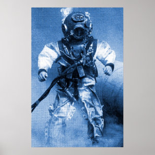 gammal dykare med mässingshjälmblåttfärg poster