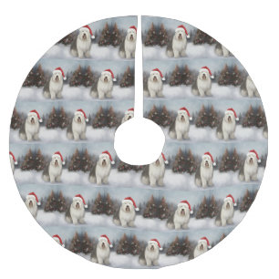 Gammal engelsk fårhund i snö jul julgransmatta borstad polyester