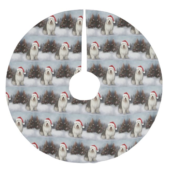 Gammal engelsk fårhund i snö jul julgransmatta borstad polyester (Framsidan)
