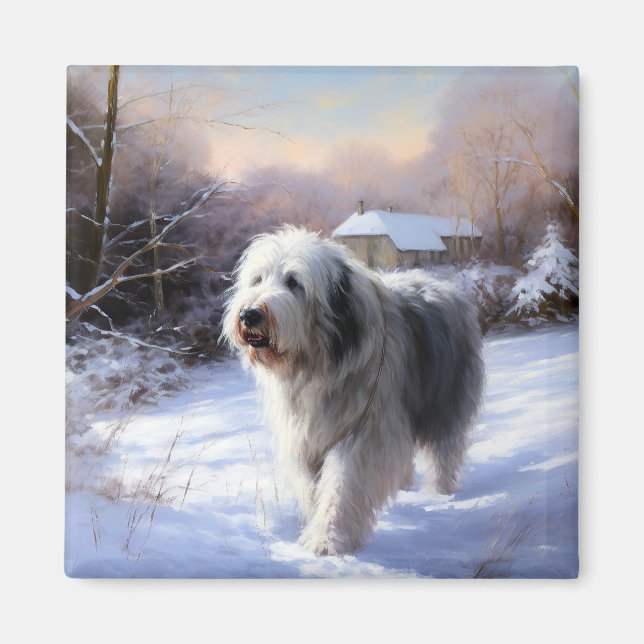 Gammal engelsk fårhund Låt det snöa jul Magnet (Framsidan)