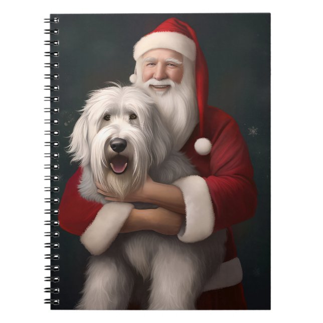 Gammal engelsk fårhund med Jultomten Festive Anteckningsbok (Framsidan)