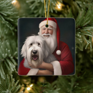 Gammal engelsk fårhund med Jultomten Festive Julgransprydnad Keramik