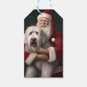 Gammal engelsk fårhund med Jultomten Festive Presentetikett