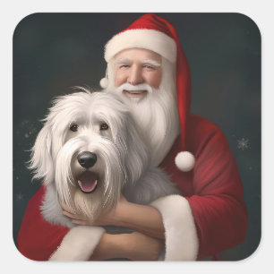 Gammal engelsk herdehund med Santa Claus festlig Fyrkantigt Klistermärke