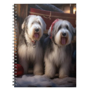 Gammal engelsk herdehund Snöig släde juldekoration Anteckningsbok