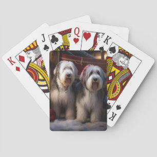 Gammal engelsk herdehund Snöig släde juldekoration Casinokort