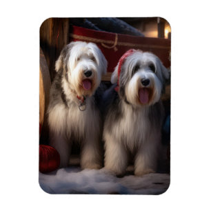 Gammal engelsk herdehund Snöig släde juldekoration Magnet