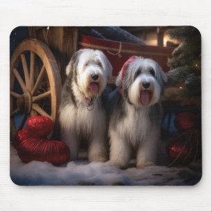 Gammal engelsk herdehund Snöig släde juldekoration Musmatta