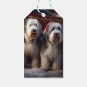Gammal engelsk herdehund Snöig släde Juldekoration Presentetikett