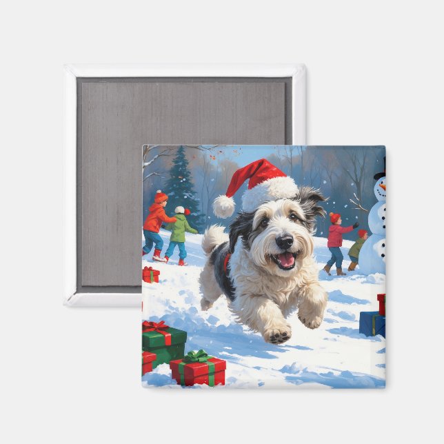 Gammal engelsk herdehund springer i snö julhatt magnet (Front/Back)