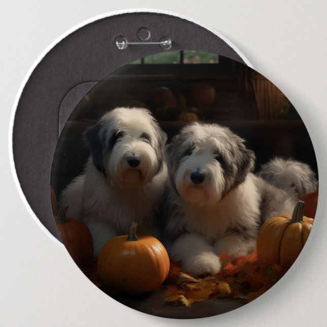 Gammal engelsk herdehund Valp Höstglädje Pumpa Knapp (Framsida & baksida)
