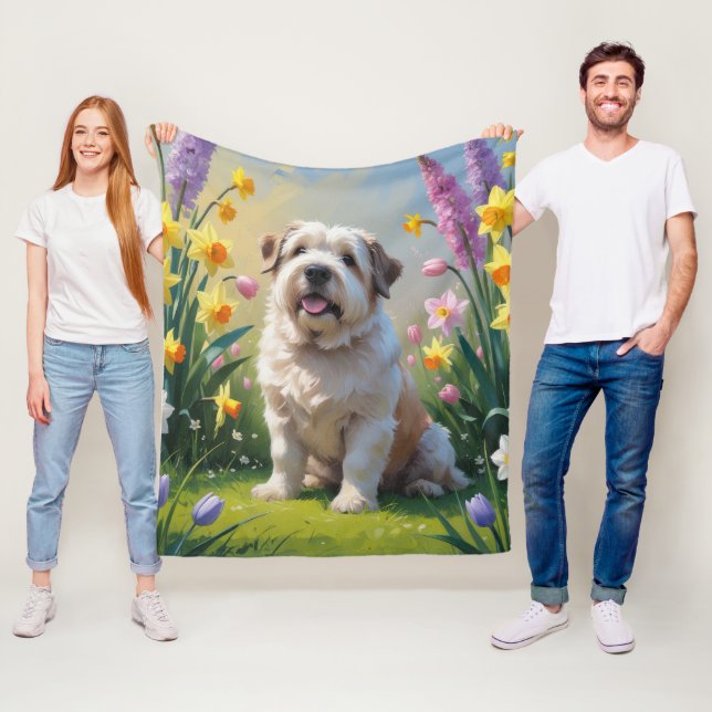 Gammal engelsk herdehund Vårblommor Målning Fleecefilt (På plats)