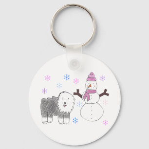 Gammal engelsk Sheepdog & snögubbe Nyckelring