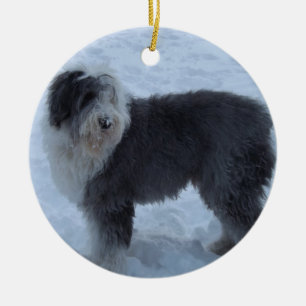 Gammal engelsk Sheepdogprydnad - snöhund! Julgransprydnad Keramik