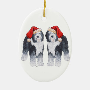 Gammal engelsk SheepdogSanta hatt Julgransprydnad Keramik