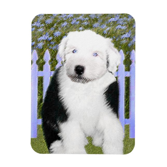 Gammal engelsk Sheepdogvalpmålning - hundkonst Magnet (Vertikal)