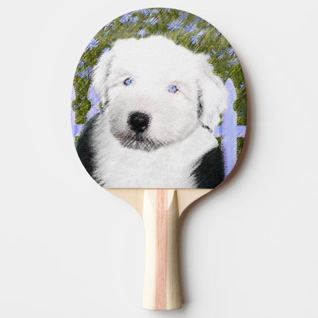 Gammal engelsk Sheepdogvalpmålning - hundkonst Pingisracket (Framsidan)