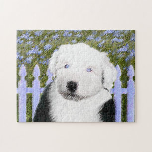 Gammal engelsk Sheepdogvalpmålning - hundkonst Pussel