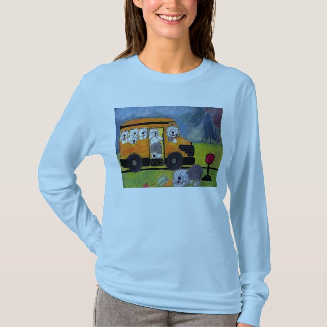 Gammal engelsk SheepdogWigglebottom skolbuss Tee Shirt (Framsida)