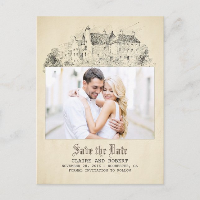 Gammal Fairytale Castle Photo Save Date Meddelande Vykort (Framsida)