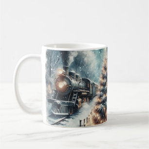 Gammal fasadiserad vinter-scen för Tåg och Vintage Kaffemugg