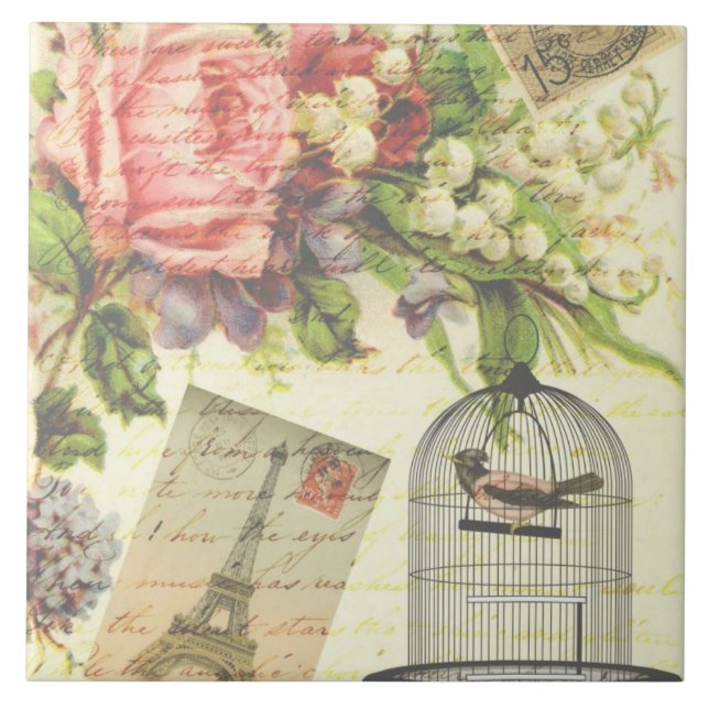 Gammal, fashiated Blommigt Bird Ceramic Tile Kakelplatta (Framsidan)