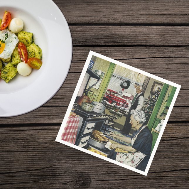 Gammal Fashiated Vintage Home Kitchen-jul Pappersservett (Holiday turkdy dinner in 1940's Grandma kitchen  on napkins.)
