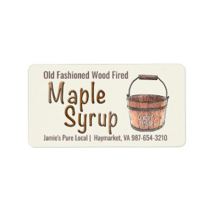 Gammal fashiated Wood Fired Tap & Bucket Maple Syr Adressetikett