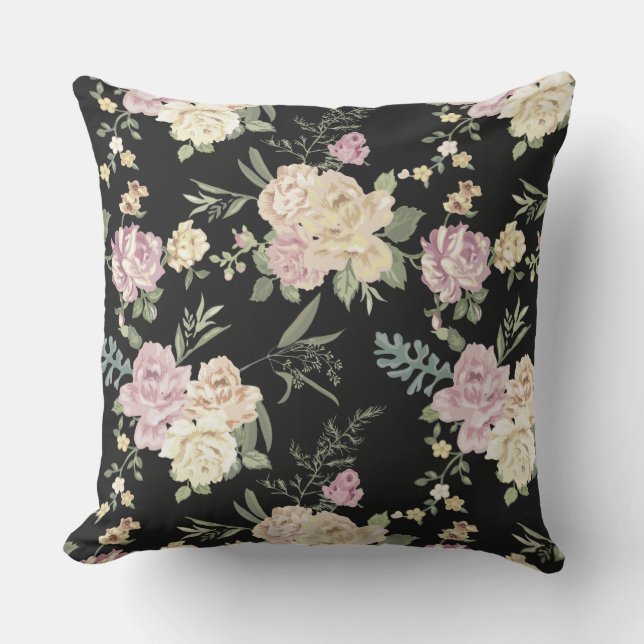 Gammal fashioned Rosa ros Chintz Mönster på Black Kudde (Framsida)