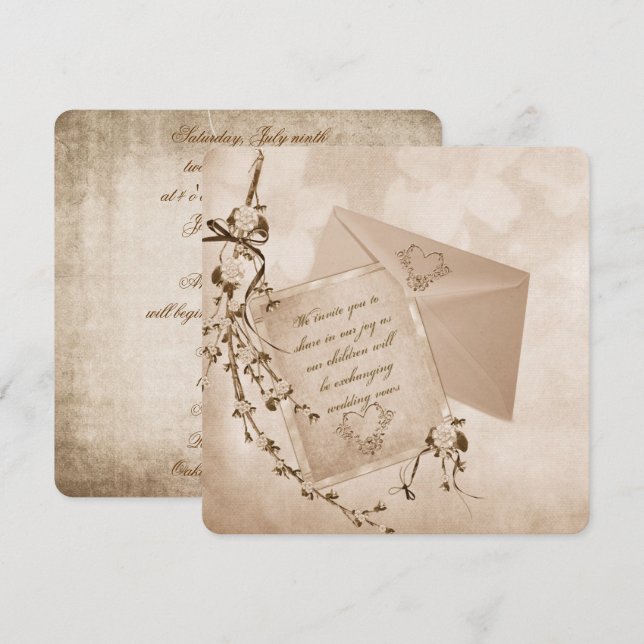 gammal fashionerad blombukett från bröllop inbjudningar (Fram/baksida)