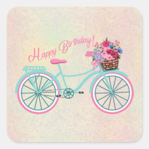 Gammal fastiserad cykel med blommor Grattis på föd Fyrkantigt Klistermärke