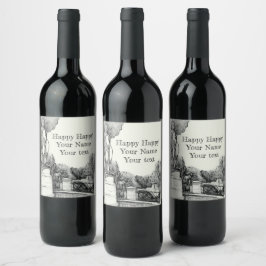 Gammal fontän i parken med pojkskulptur vinflaska etikett