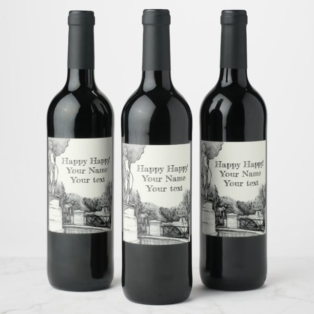 Gammal fontän i parken med pojkskulptur vinflaska etikett (Flaskor)