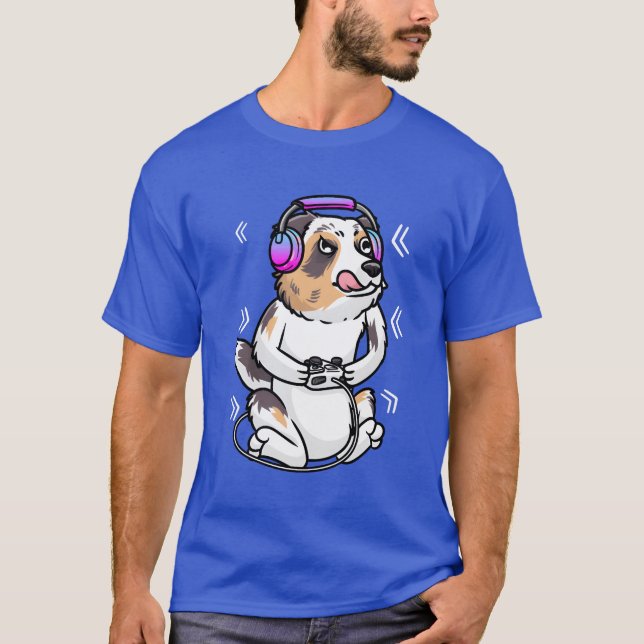Gammal för videospel i Australian shepherd Hund T Shirt (Framsida)
