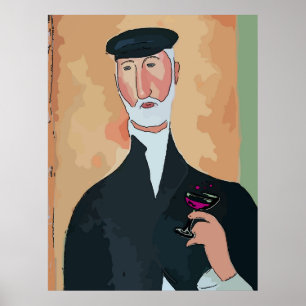 Gammal fransman med vinexponeringsglas poster