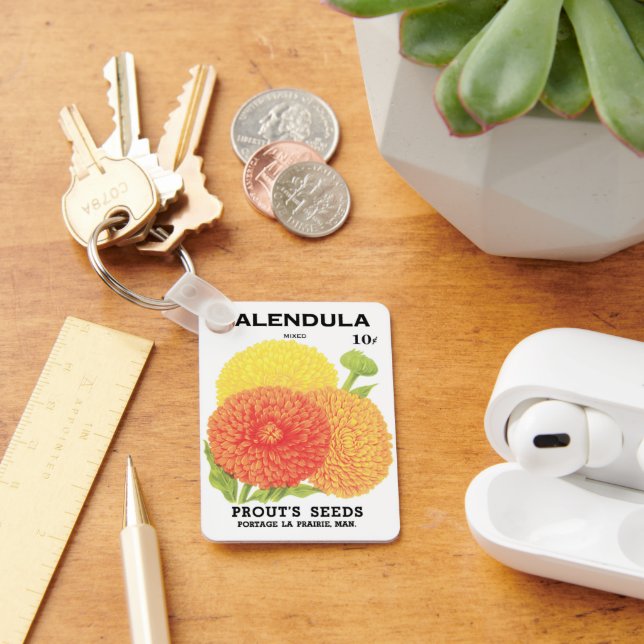 Gammal fröpaketets etikettkonst, Calendula blommor Nyckelring (Skrivbord)