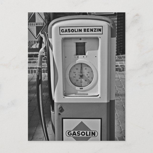 Gammal gaspump svart och vitt foto vykort (Framsida)