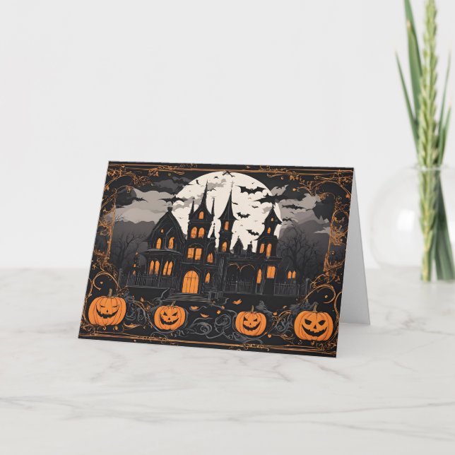 Gammal Halloween Spökhus och pumpor  Helgkort (Framsida)